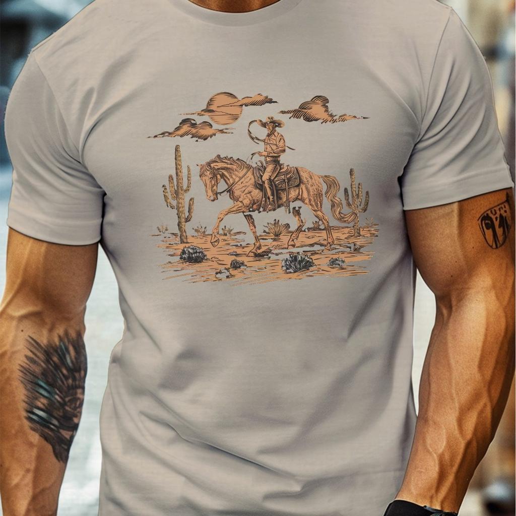 Cowboy Horse Riding Graphic Tee Mens Cotton Desert Scene Print Crew Neck Casual Short Sleeve TShirt