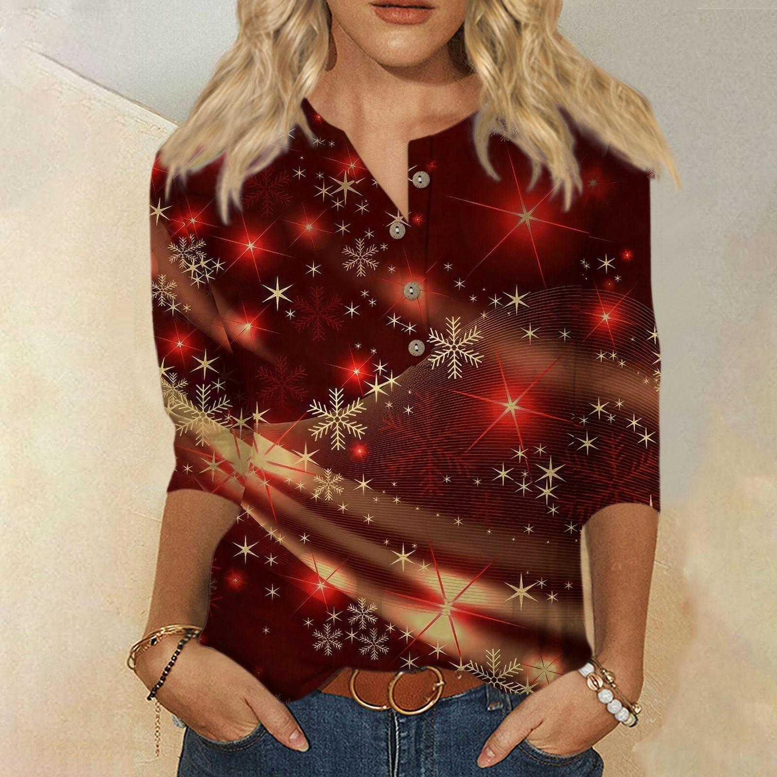 

Женская мода повседневная футболка с круглым вырезом и рукавом 3/4 на пуговицах с рождественским принтом, женская футболка XXXL винный