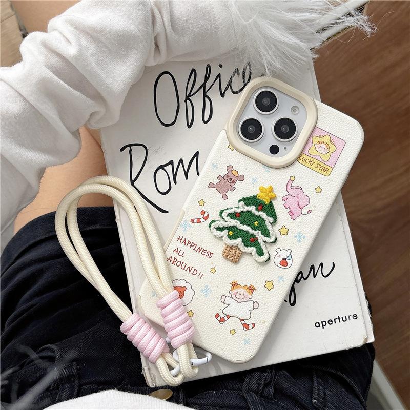 Kreslená ilustrace vyšívaný vánoční stromeček vhodný pro pouzdro na mobilní telefon Apple 16promax 15plus podzim a zima 14/13