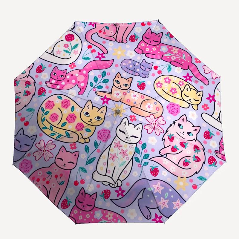 1pc Cats and Flowers Pattern Umbrella with Plastic Handle,Suitable for All Seasons UmbrellaPT527