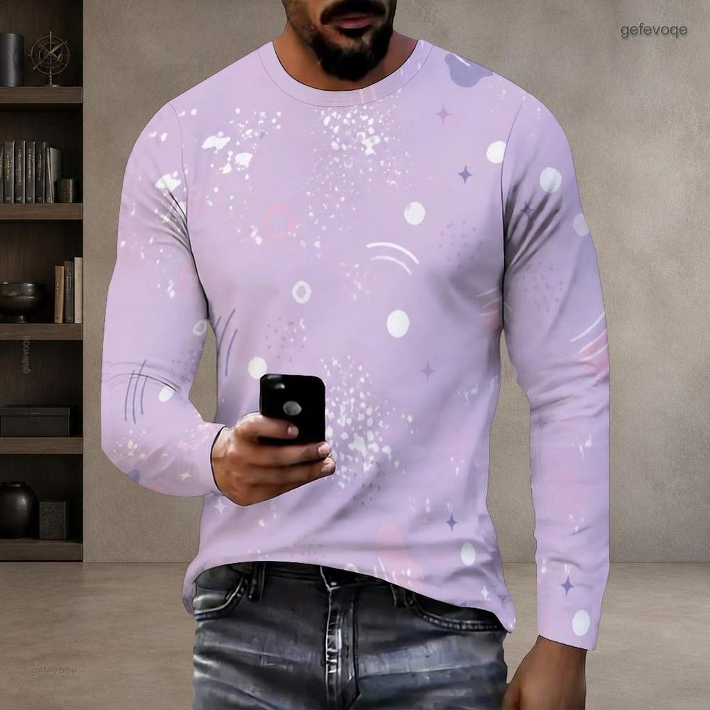 Men Plus Size Round Neck Long Sleeve Printed Gradient Striped Pullover T Shirt Straight Hem
