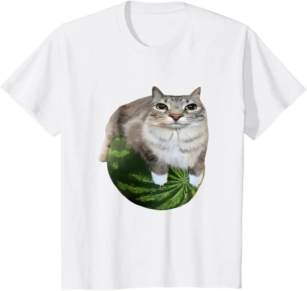 Watermelon Cat Stupid Cute Cat Emoji Funny Watermelon Cotton Printed Summer Unisexs and Womens New Fashion Short Sleeves