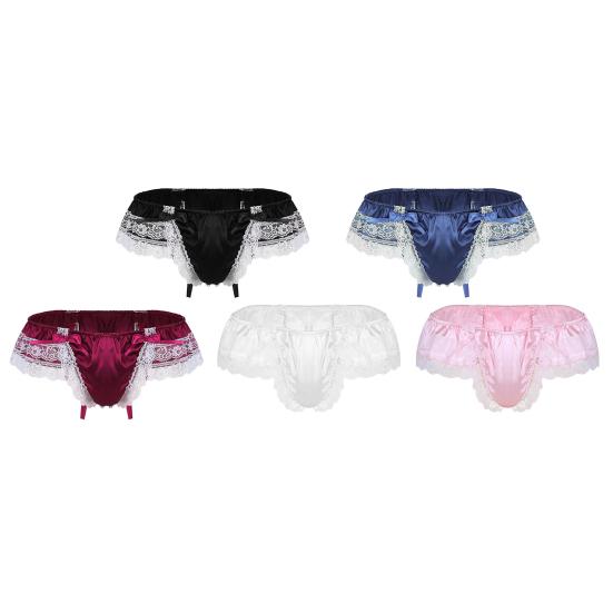 Low Waist Elastic Waistline Bowknot Decor U Convex Men Briefs Sexy Sweet Crochet Lace Stitch Nightclub Panties