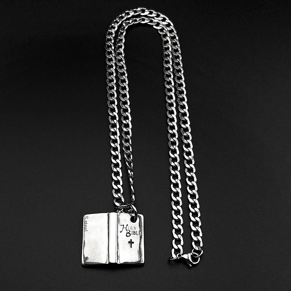 Christian Holy Bible Book Cross Pendant Necklace For Women Men Stainless Steel Silver Color Punk Retro Metal Chain Jewelry Gift