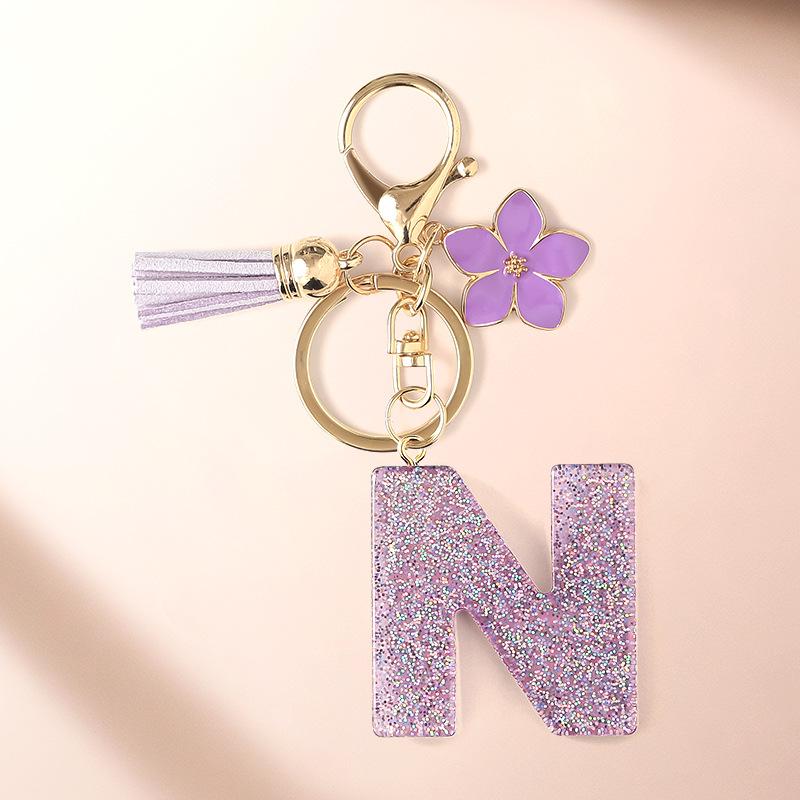 Flash Powder 26 English letters, diy, Resin keychain, purple flower, pendant, bag pendant, keychain, Christmas gift, Stocking stuffers