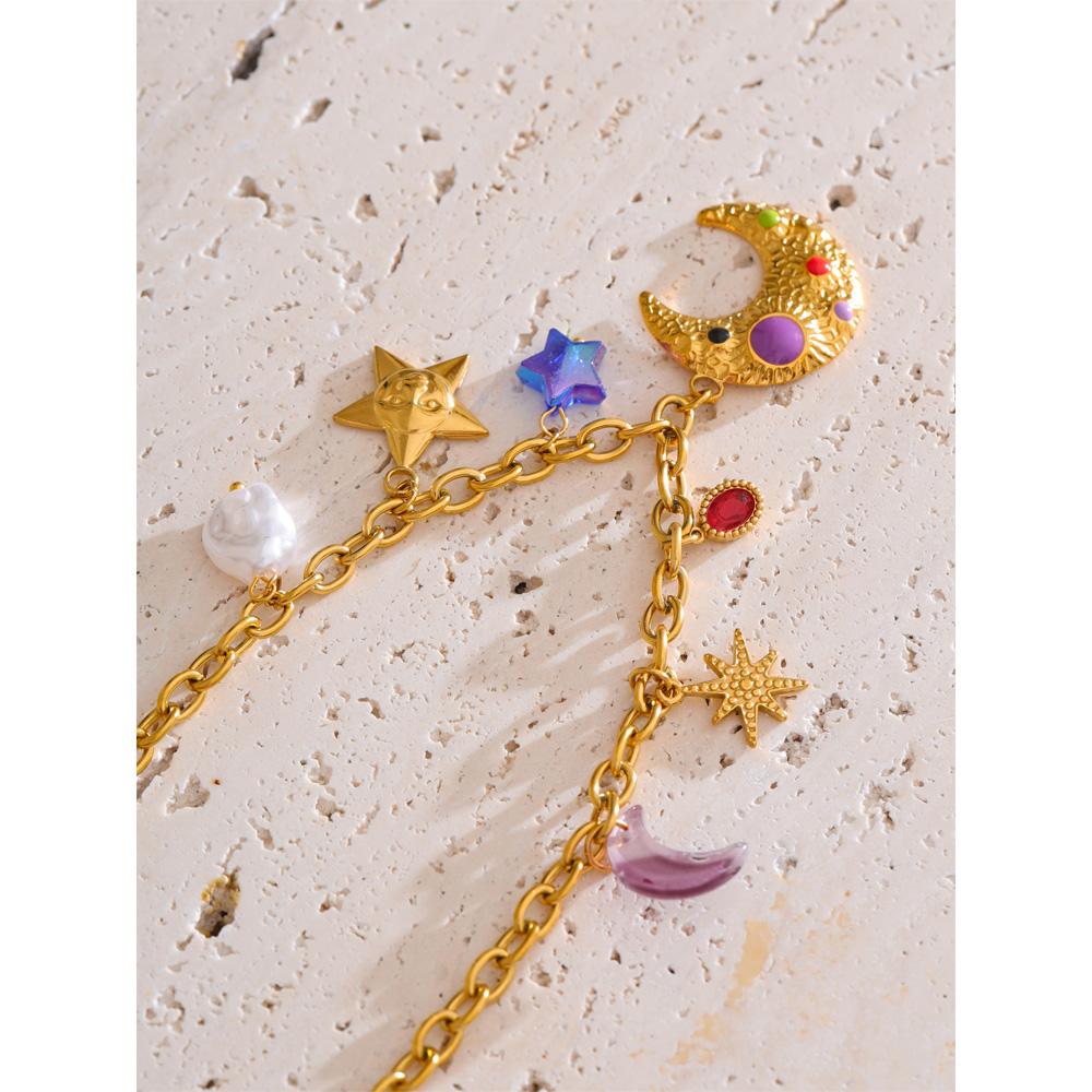 Yhpup Charms Imitation Pearl Acrylic Star Moon Pendant Drop Necklace Golden Stainless Steel Popular Summer Fashion Jewelry 2025