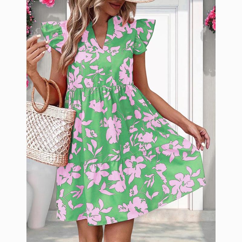 Spring Summer Ruffled Sleeve V-Neck Sexy Dress Women Loose Waist Printed Floral Short Dress Woman Fashion Vintage Elegant Casual Dresses 24515