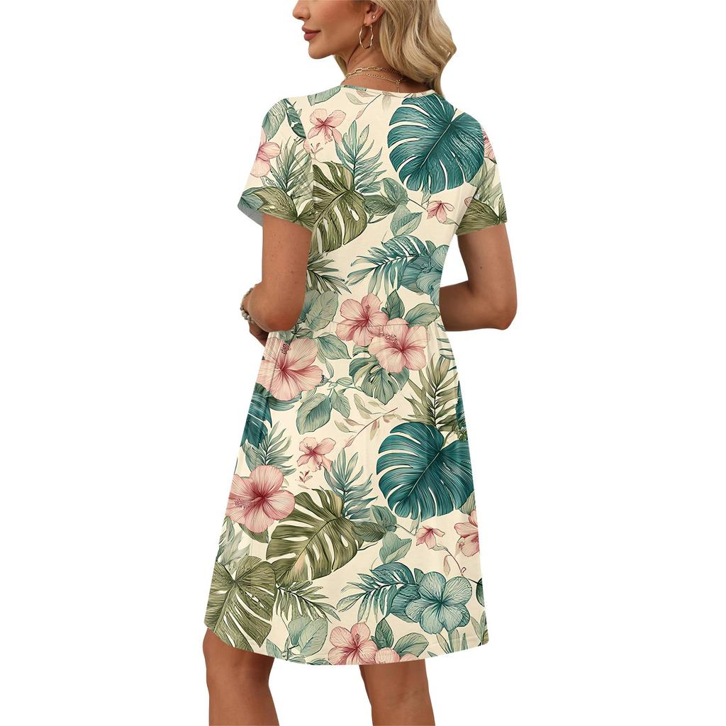 Dresses For Women Short Sleeve Print Round Neck Casual Dresses Waist Dress With Pockets