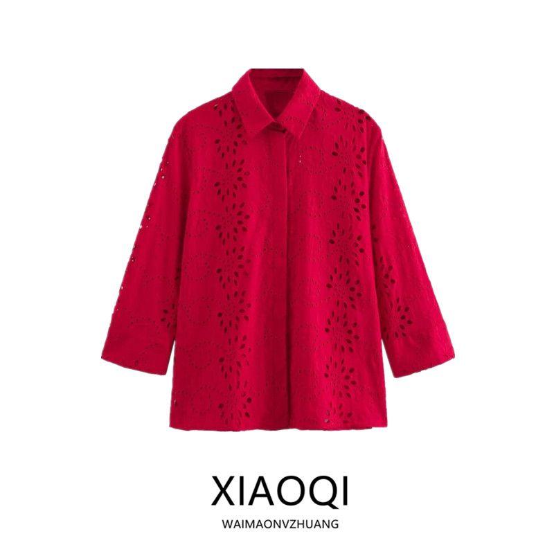 Fashion Style 2024 Summer New Women's Clothing Temperament Wild Embroider Poplin Cut Out Long Sleeves Shirt 8005916