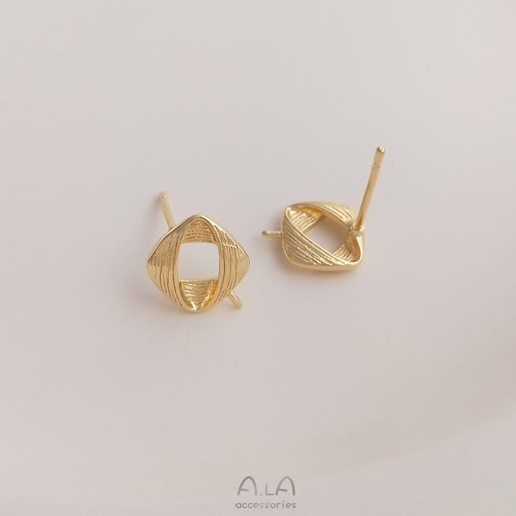 14K Gold-filled Brushed Square Stud Earrings with 925 Silver Pins for DIY Pearl Setting.