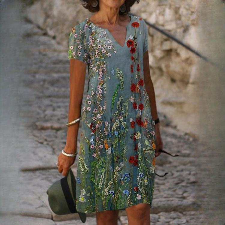 IHUASU Women's Spring/Summer Positioning Printed V-Neck Short Sleeve Dresses