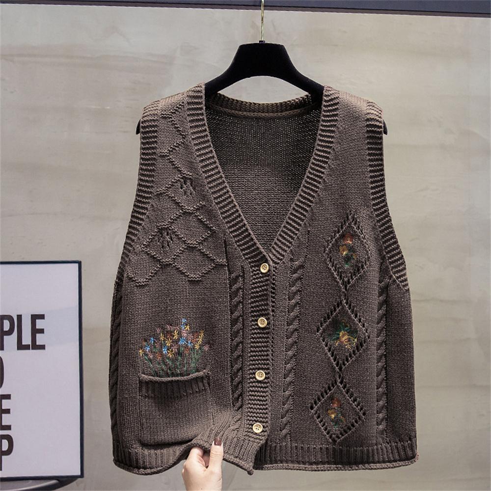 

Korean V-neck knitted Cardigan Vest Women s Autumn Fashion Loose Sleeveless Elegant Sweater Waistcoat Female 3XL кавовий