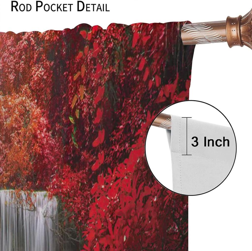 Blackout Red Forest Waterfall Windows Curtains Tree Landscape Woodland Scenic Nature Fall Scenery Art Printed Curtain Made Of Polyester Washable