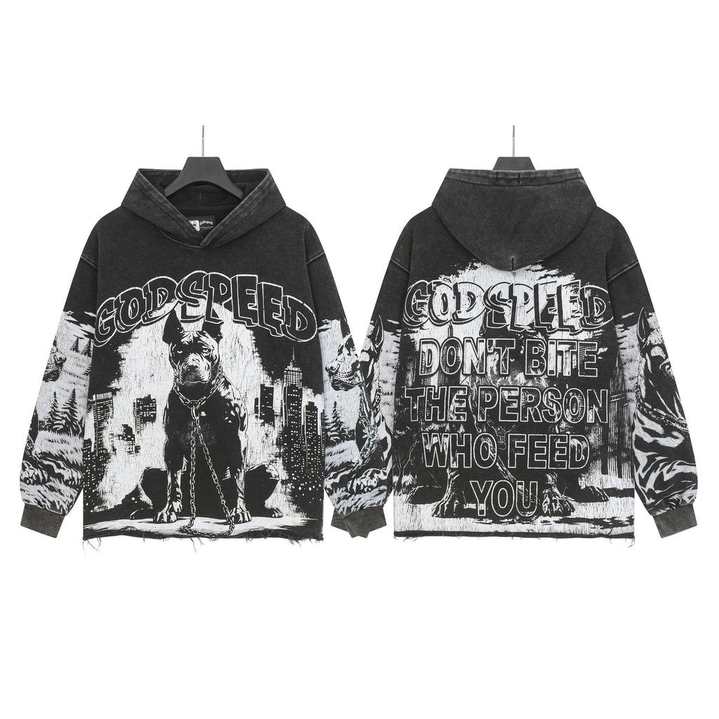 God Bless America Retro Rock Street Print Washed Hoodie - Casual Loose Fit