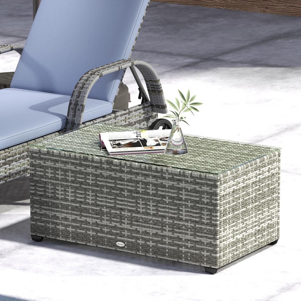 90 X 50cm Glass-Top Rattan Side Table - Light Grey
