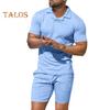 Bărbați sport, 2 buc., set, rever, mânecă scurtă, pulover, topuri, elastic, talie, buzunare, pantaloni scurți, culoare solidă, costum