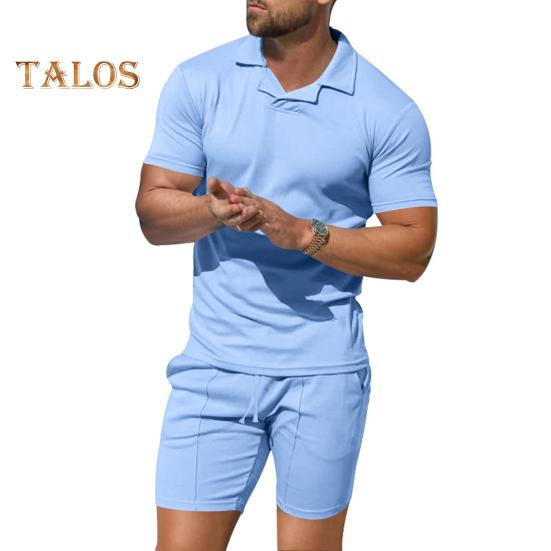 2 Teile/satz Männer Outfit Revers Kurzarm Pullover Tops Elastische Kordelzug Taille Taschen Shorts Set Einfarbig Sportswear