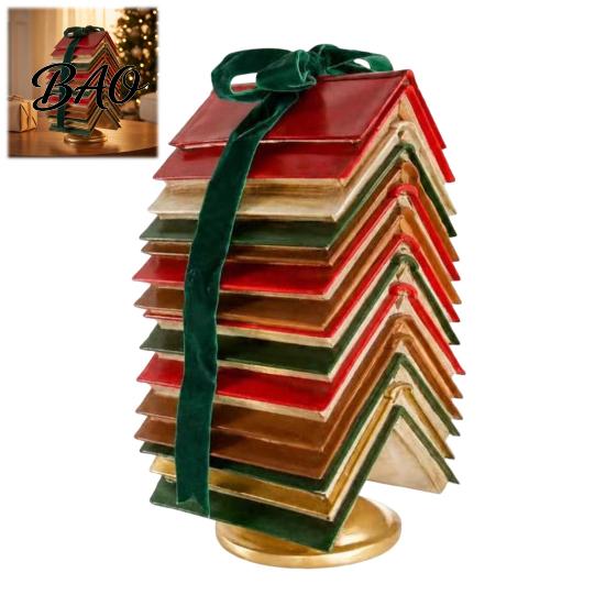 Literary Christmas Table Centerpiece Stacked Book Tree Tabletop Decor, Resin Page Ornament for Home Intellectual Decorations Office Desk, Rustic