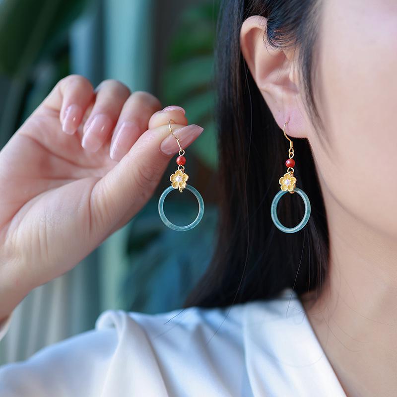 Retro Jade Hoop Earrings with Blue Water Tassels - 925 Sterling Silver Studs