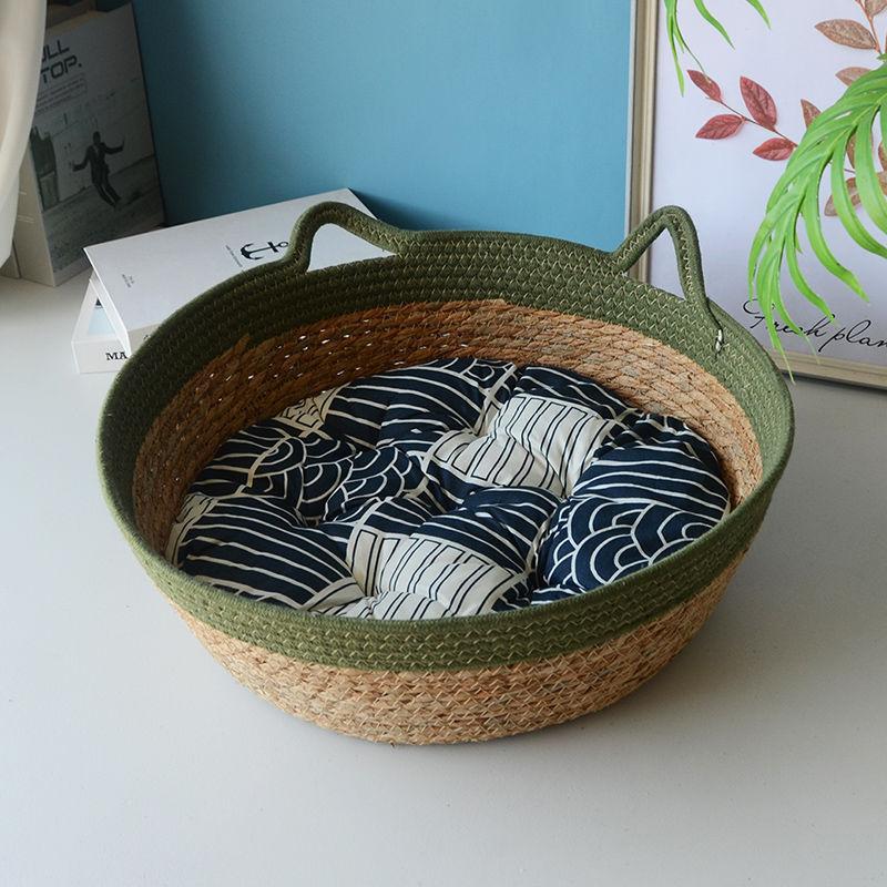 

OUZEY Rattan Woven Pet Cat Bed With Cushion Soft Warm Comfortable Sleeping Basket For Cats Four Seasons Puppy Kitten Bed S 35CM