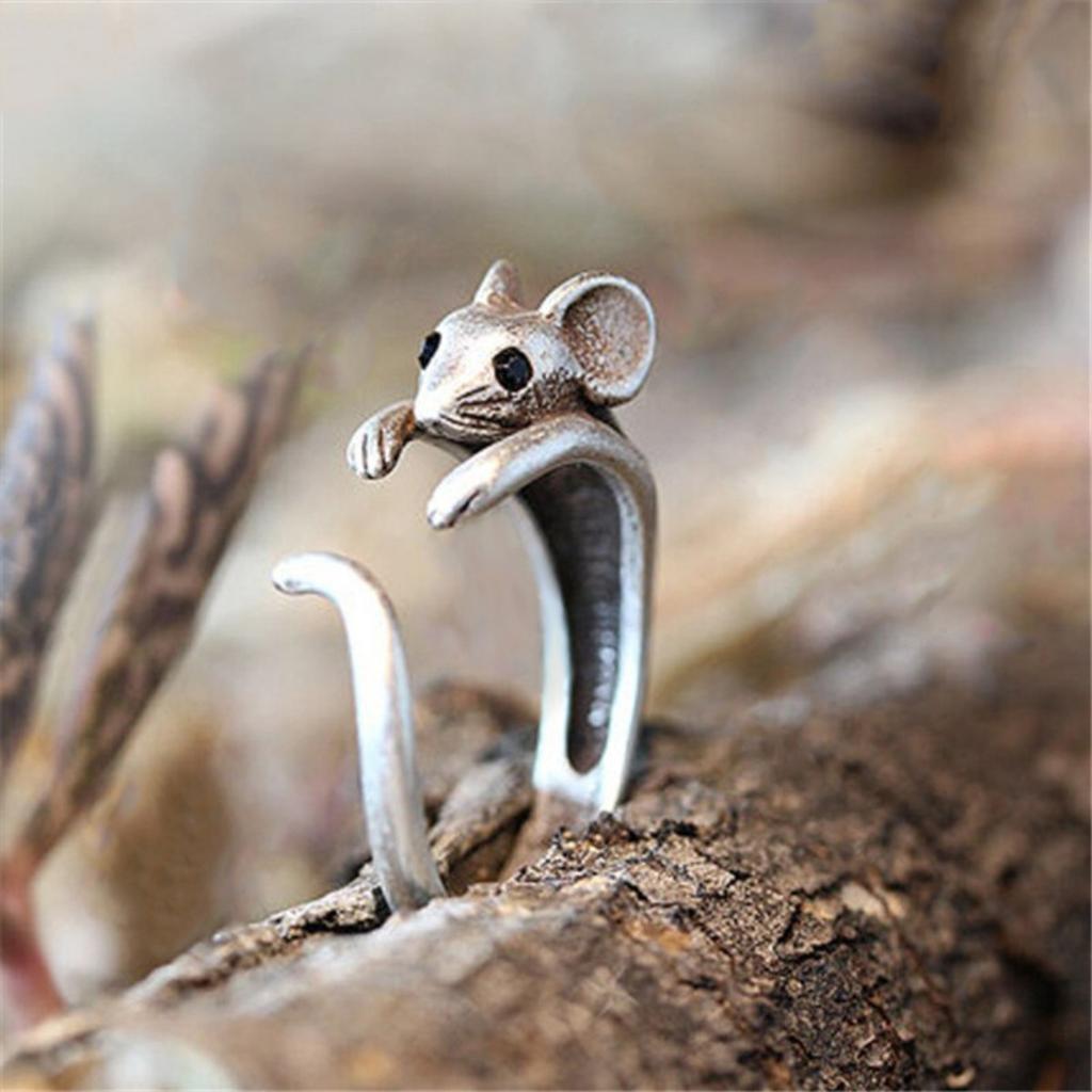 Verstellbarer Vintage Silberfarbener Niedlicher Mäuse-Tier-Wickelring Offener Band Statement-Ring für Damen