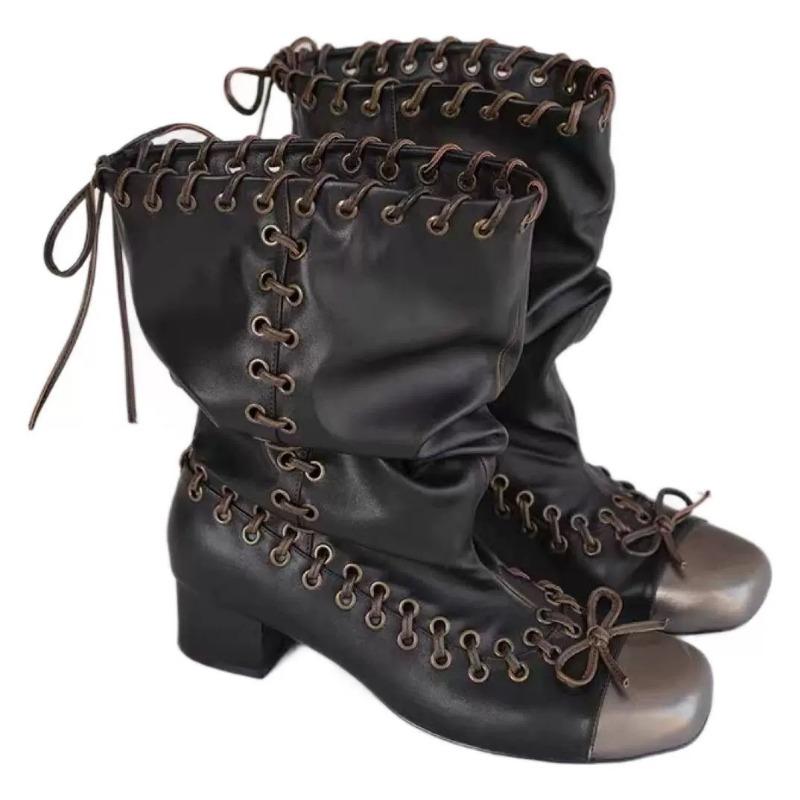 Square head strap bow pleated fashion boots retro big tube circumference thick heel short boots punk style pile medium tube boots women