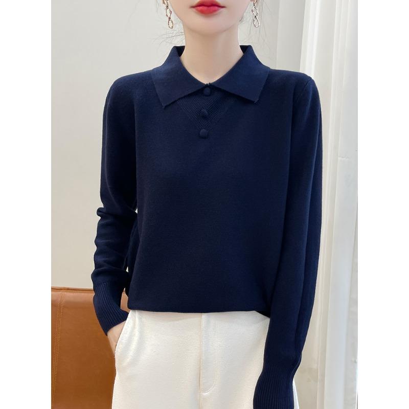 Age-reducing Lapel-neck Knitted Sweater Women's Long-sleeved Loose Early Autumn Bottoming Shirt Top Button-embellished PO Collar Inner Sweater