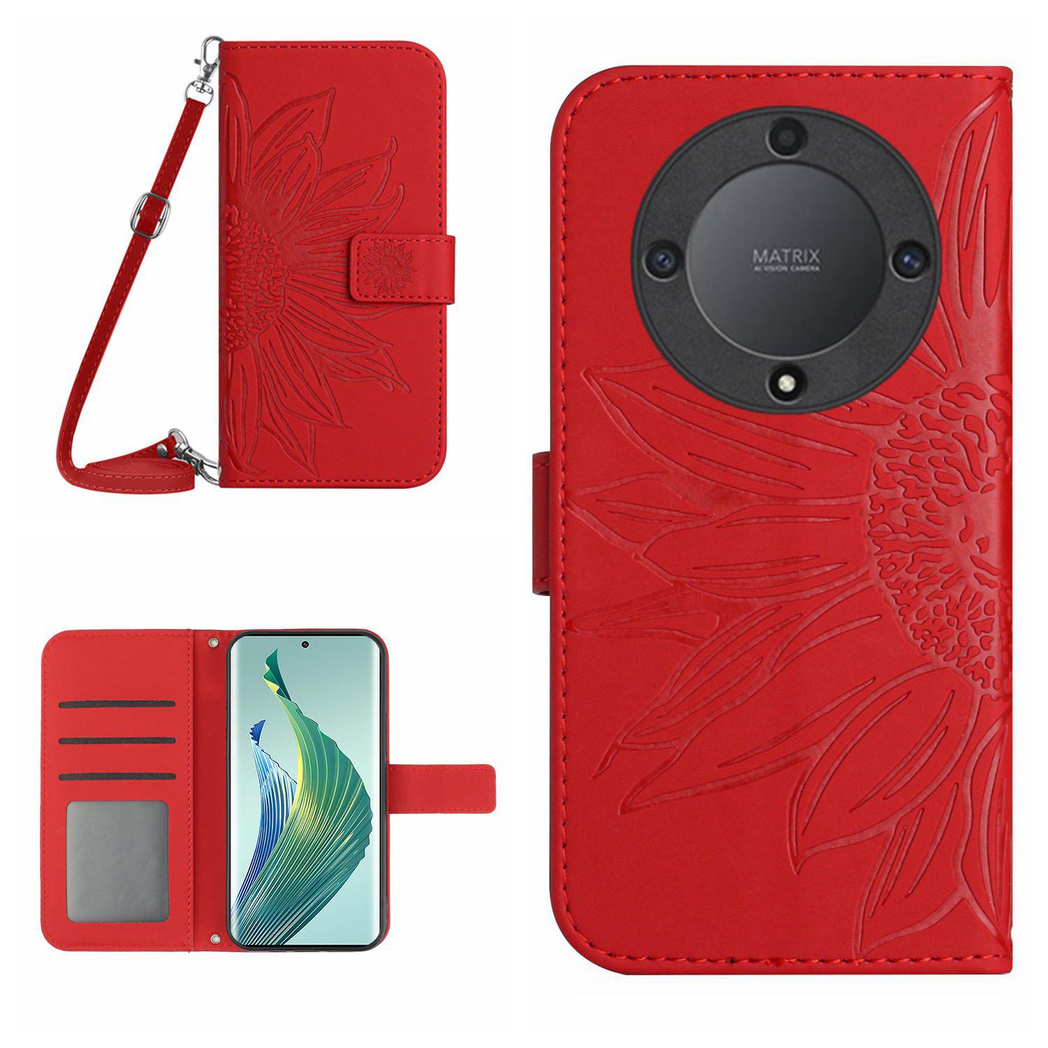 

For Honor Magic5 Lite 5G/X9a 5G HT04 Leather Phone Case Sunflower Pattern Stand Wallet Cover with Shoulder Strap Red