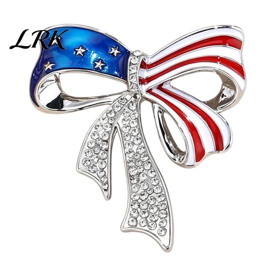 Decorative Patriotic Pin Independence Day Bow Brooch Pin, Rhinestone Lapel Sweater Long-lasting Alloy Cardigan Coat Suit Jewelry Accessory,