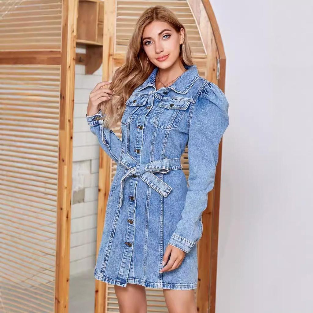 New Retro Waist-Cinching Slim Long-Sleeve Denim Dress for Women