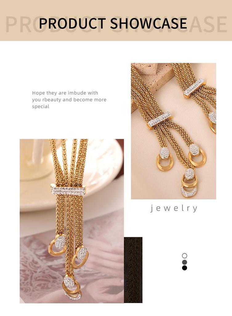 Korean Vintage U-Shaped Rhinestone Tassel Necklace Set - 18k Gold Plated Titanium Steel