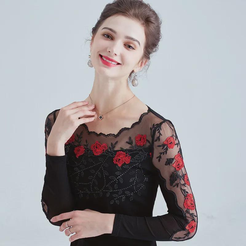 Korean Style Embroidered Long-Sleeve Gauze T-Shirt for Women