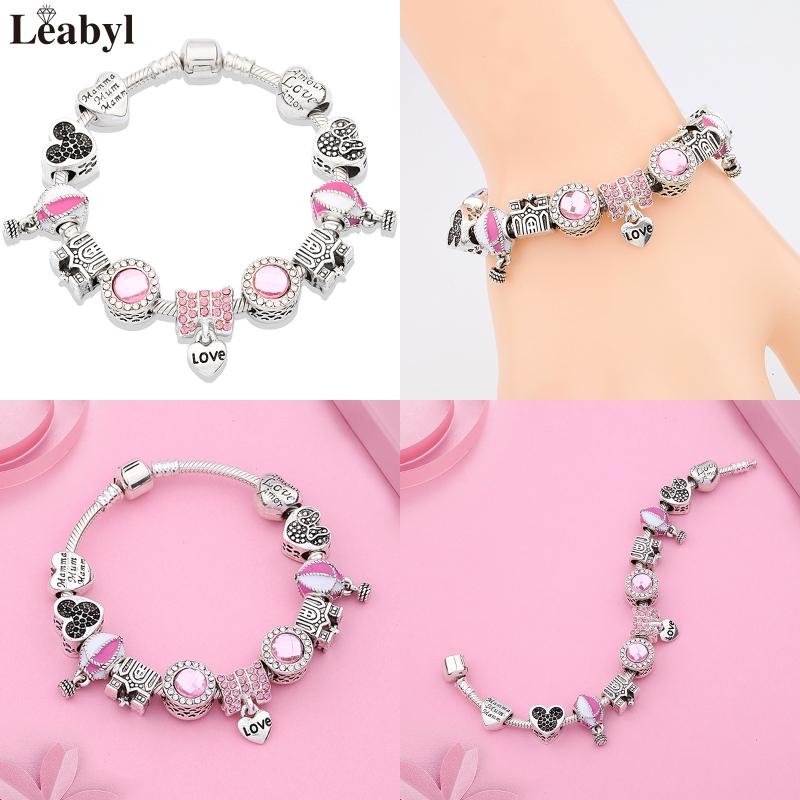 Potdemiel Pink Enamel Crystal Minnie Charm Bracelets Silver Color Heart Cartoon Bead Jewelry for Women Girl Gift