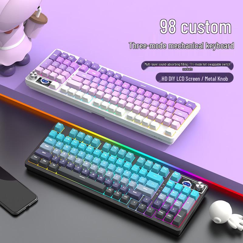 98-Key Wireless Bluetooth Mechanical Keyboard - Blue Switches, PBT Gradient, Gaming/Office, Customizable.