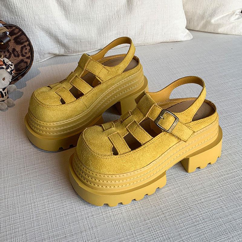 

Туфли на толстой подошве, увеличивающие рост, Туфли с полыми отверстиями, Новые одинарные туфли Мэри Джейн весна-лето 2025, Босоножки с закрытым носком 37 жёлтый