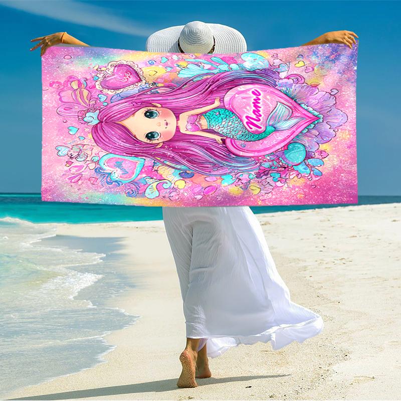 1PC Custom Name Mermaid Heart Fantasy Art Beach Towel Highly Absorbent And Sand-Resistant Towel for Swimming, Pool, Yoga, And Travel Lightweight