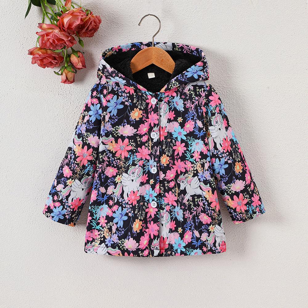 Außenhandel Kinderbekleidung Neue Herbst Winter Floral Bedruckte Kapuzen Fleecejacke für Mädchen
