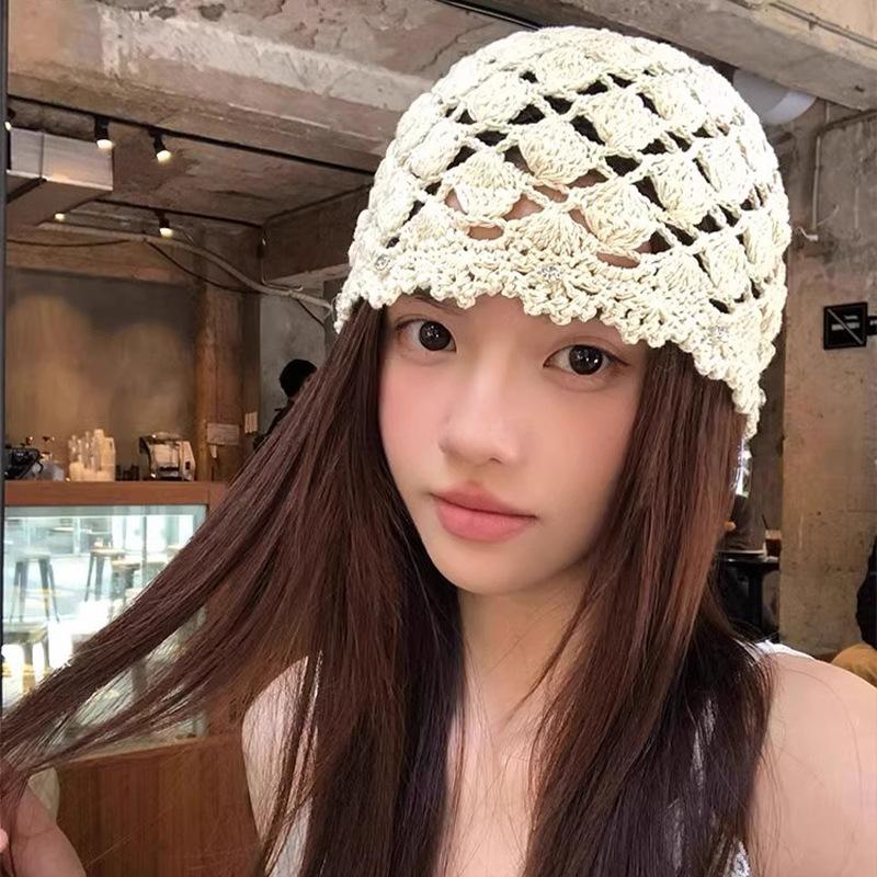 New Versatile Hat Hand Woven Head Hat for Women Spring Hollow Cold Hat Thin Stacked Hat Pullover Hat