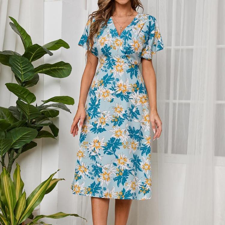 

Summer Floral Chiffon Dress for Women Casual V Neck Short Sleeve High Waist Swing Long Dress Chic Sizes S To XL XL синій