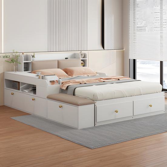 140 X 200cm Storage Bed with Drawers Headboard Built-in Storage Compartment Bedside Table Sofa Bench Strong Wood Slat Support Bed Home Furniture
