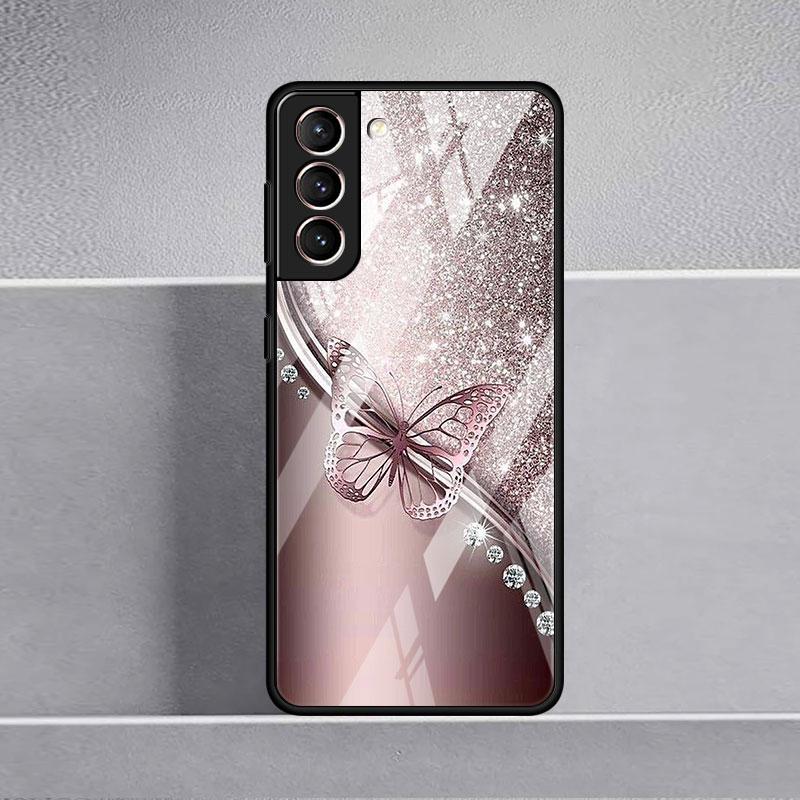 Funda de Cristal Mariposa Rosa Belleza Para Samsung Galaxy S22 S20 FE S21 Plus Cubierta de Teléfono S10 5G S9 Note 20 Ultra 10 Lite Carcasa