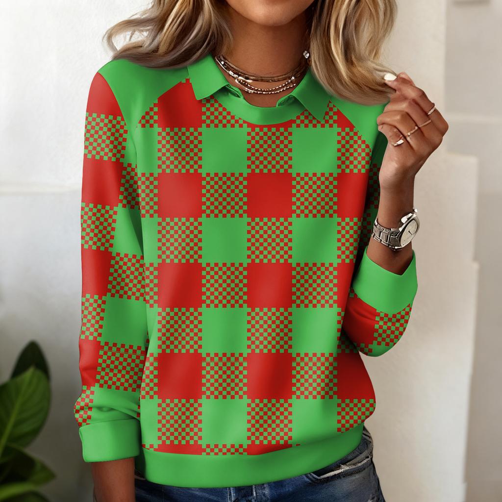 Damen Karomuster Bedrucktes Lässiges Langarm-Sweatshirt-Top