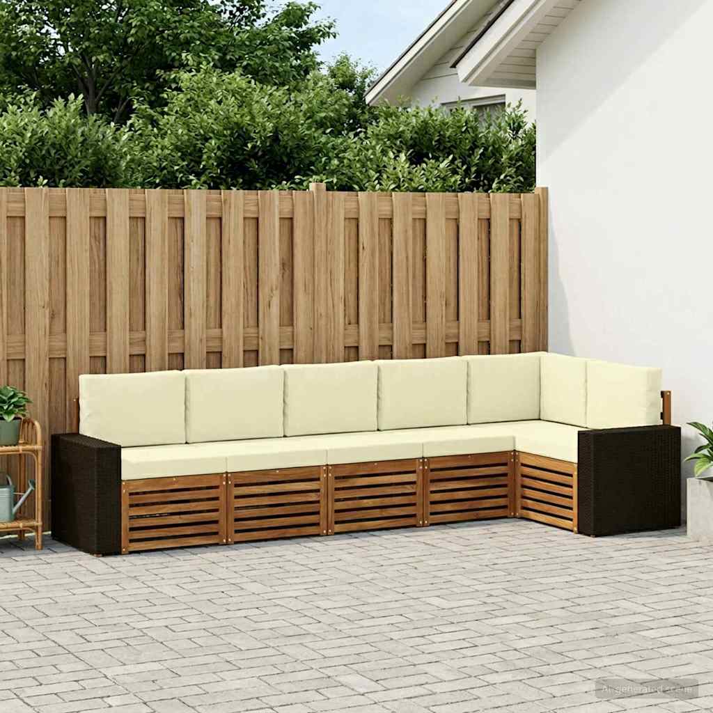 Outdoor Corner Sofa Set with Cushions 6 Pcs Natural and Cream Solid Acacia Wood