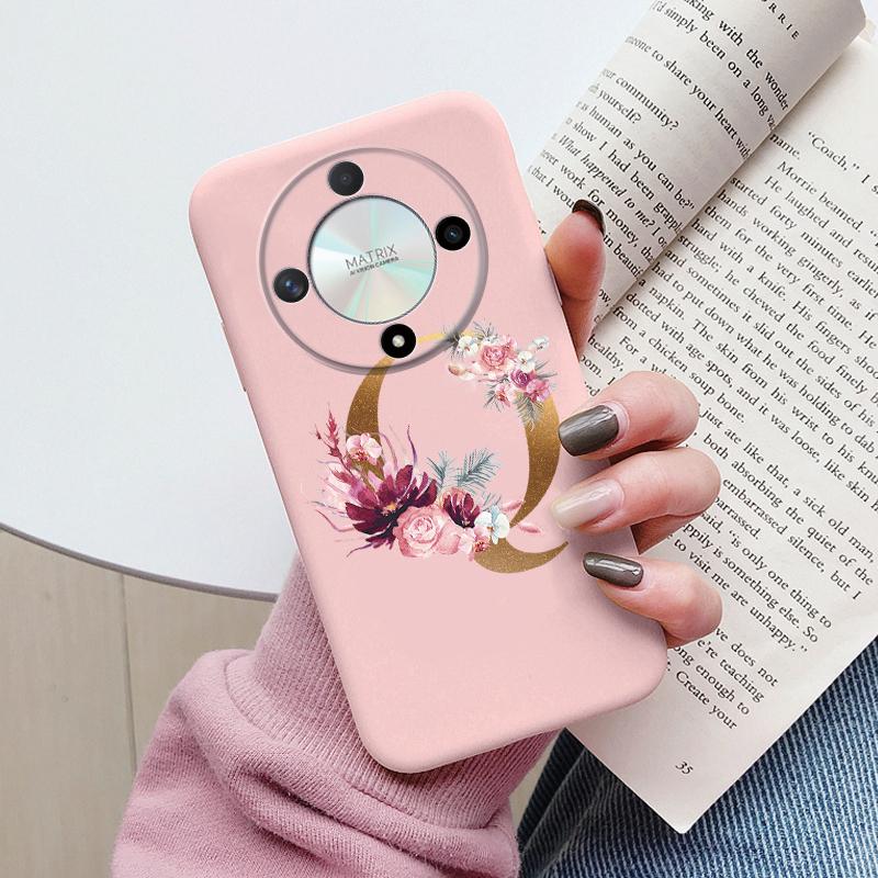 Buchstaben-Handyhülle für Honor X9b X9a Magic5 Lite Magic6 Lite 5G Hülle Retro-Blumen Rosa Schwarz Weiches TPU Initialen Silikon Fundas