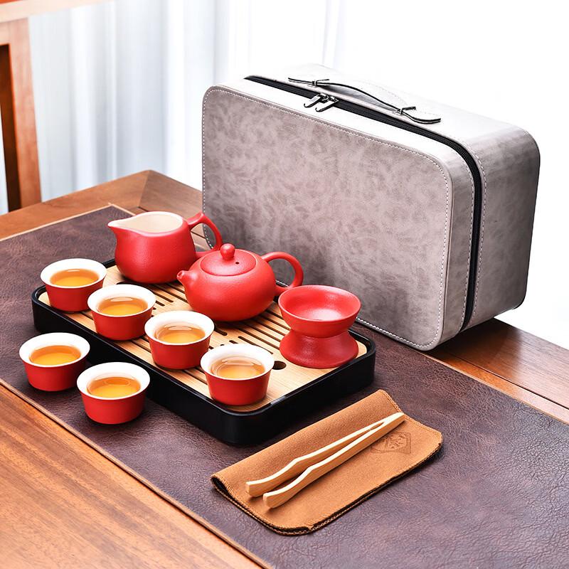 Zhuijia Black Pottery Luobao Glazed Side Handle Travel Tea Set with Bamboo Tray (Grey Gift Box)