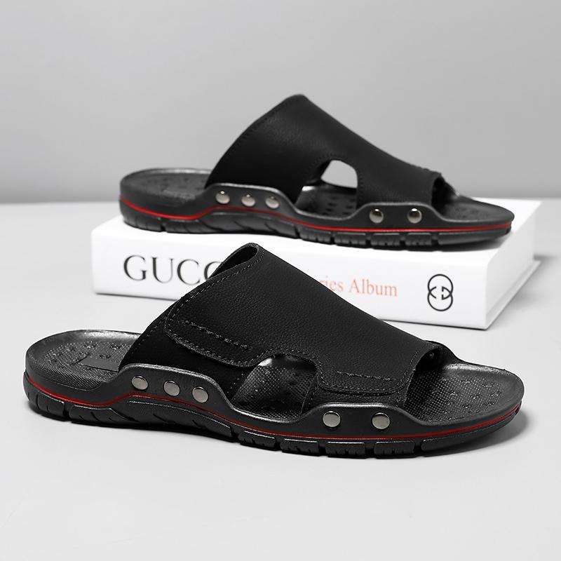 Fashion Non-slip Men's Half Drag Leisure Walk Flats Mens Slip on Shoes 2025 New Casual Leather Slippers Summer Antiskid Beach Sandals