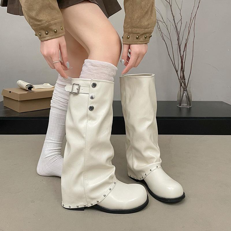 Retro stacking round head locomotive boots long boots autumn no boots new trousers long tube fashion women's rivets thick heel