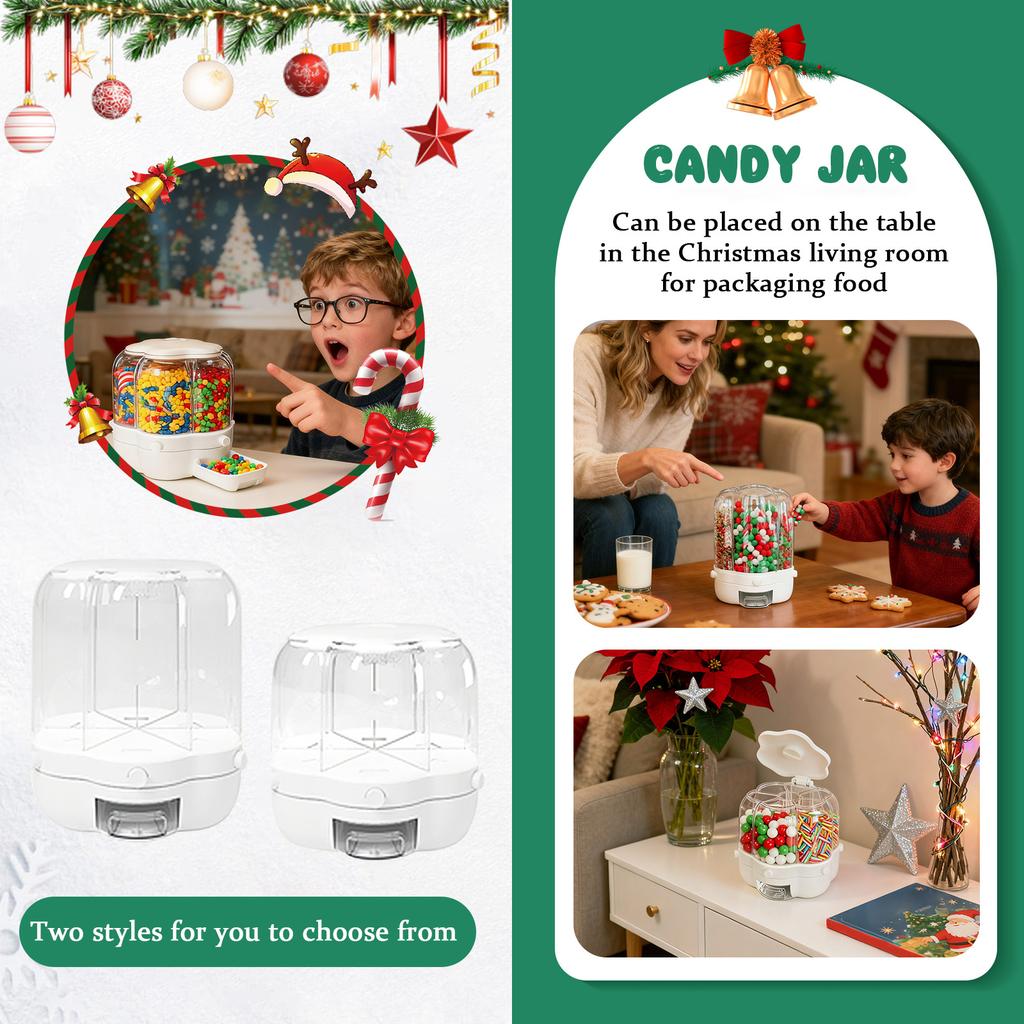 Christmas Candy Dispenser + Candy Box, 360° Rotating Candy Dispenser, Can Hold Snacks, Candy, Coffee Beans, Rice, Grains