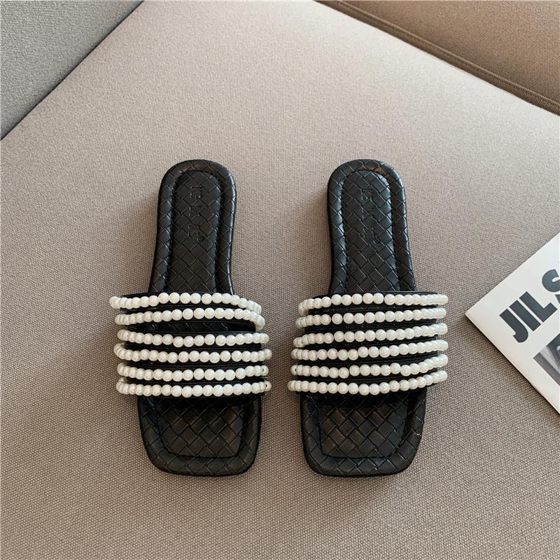 Fashion Sandals Flat Pearl Open Toe Shoes for Women 2025 Luxury Top Designs Woman Slippers Easy Wears Small Size Korea Style Eva Slides