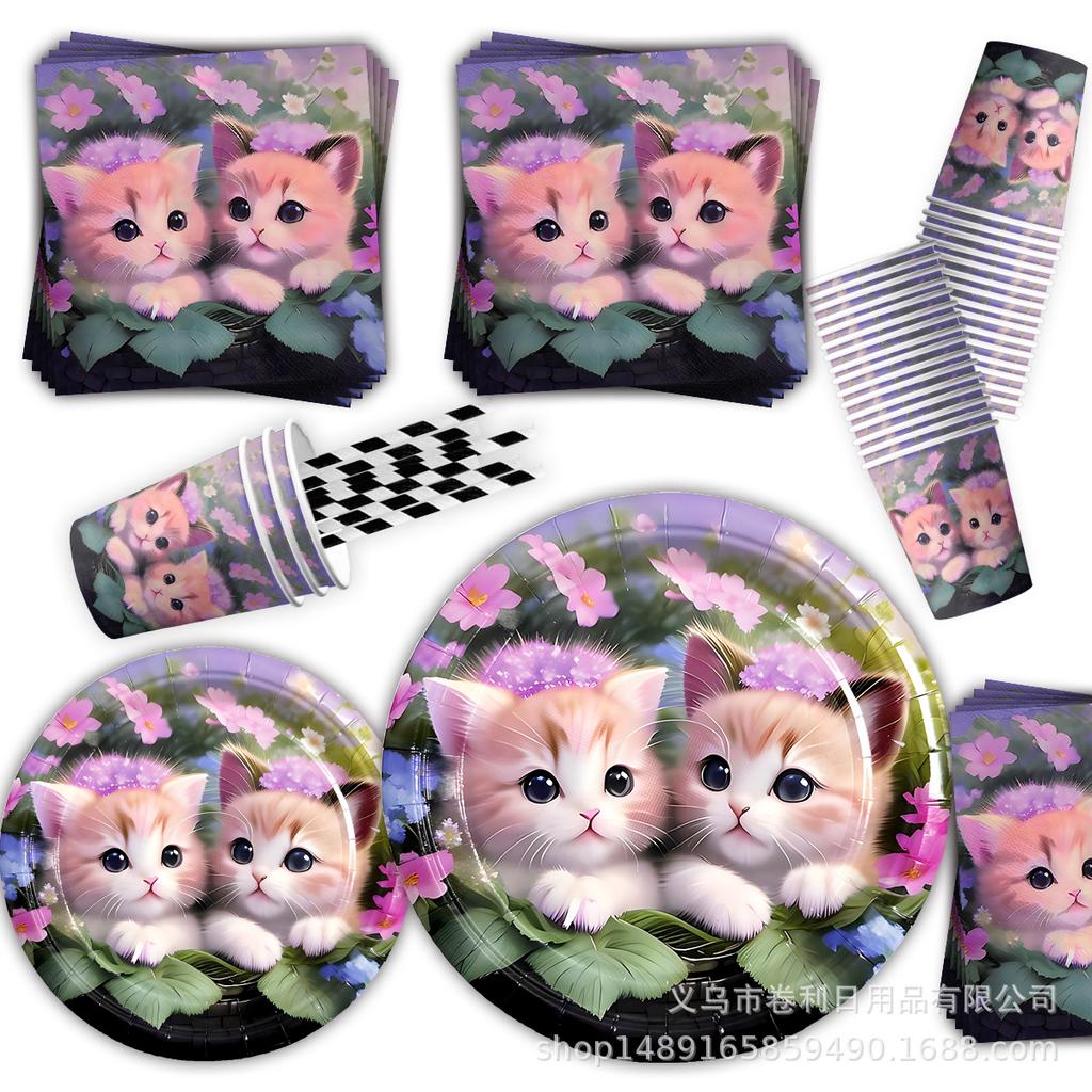 Cat Flower Theme Party Supplies Cat Party Tableware Disposable Paper Plates Paper Cups Paper Towels